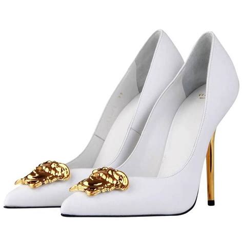 versace shiny silver shoe with white laces|Versace high heels.